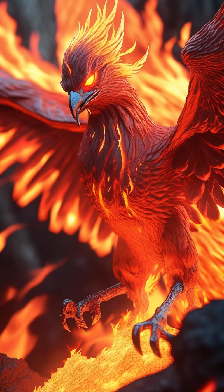 Fiery Phoenix Roaming Volcano: Anime Style 3D Portrait