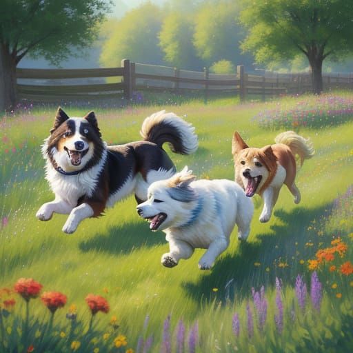 Joyful Dogs in a Sun-Drenched Meadow, Impressionistic Oil Pa...