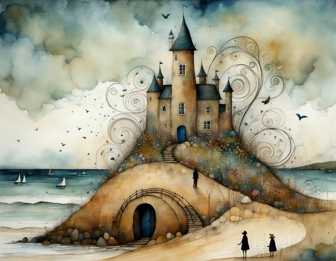 Magical Sandcastle by the Seashore in Folk Art Style