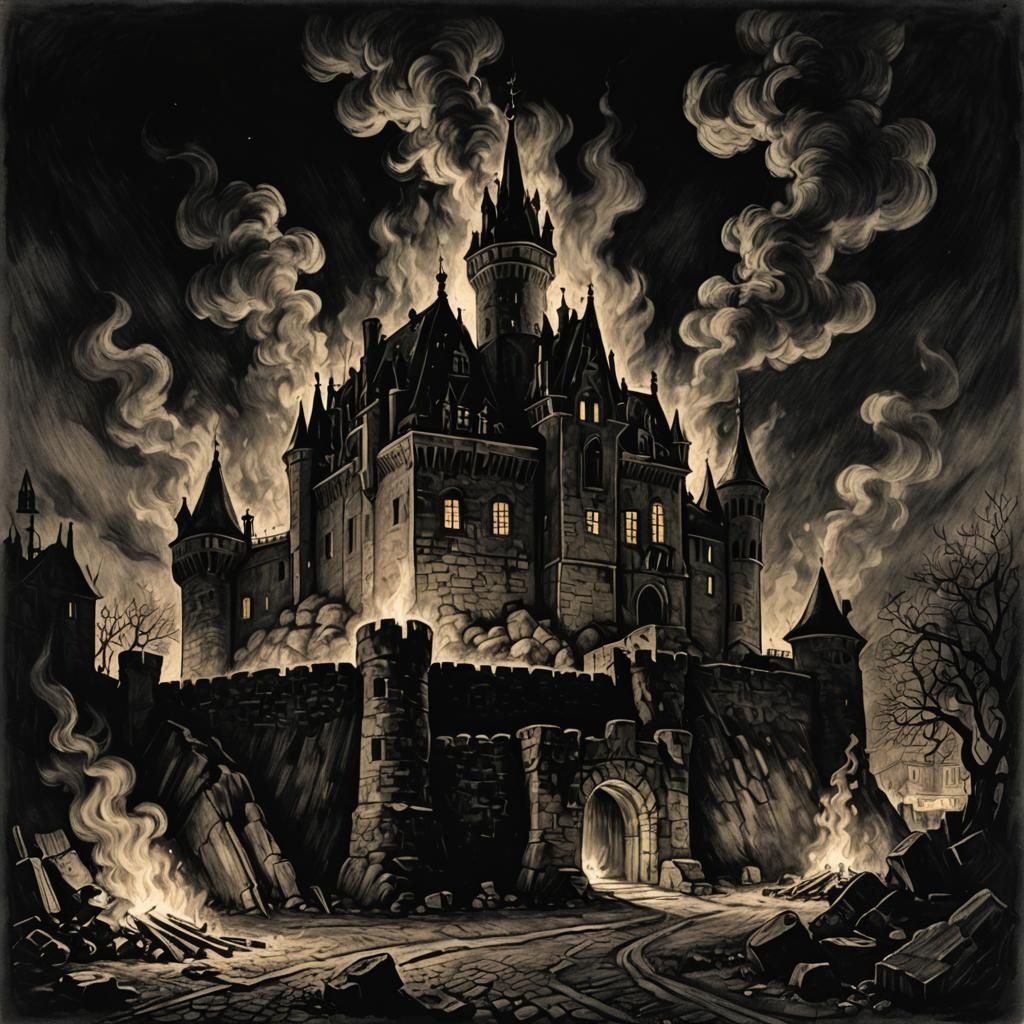 Night Castle in Charcoal with Dramatic Lighting