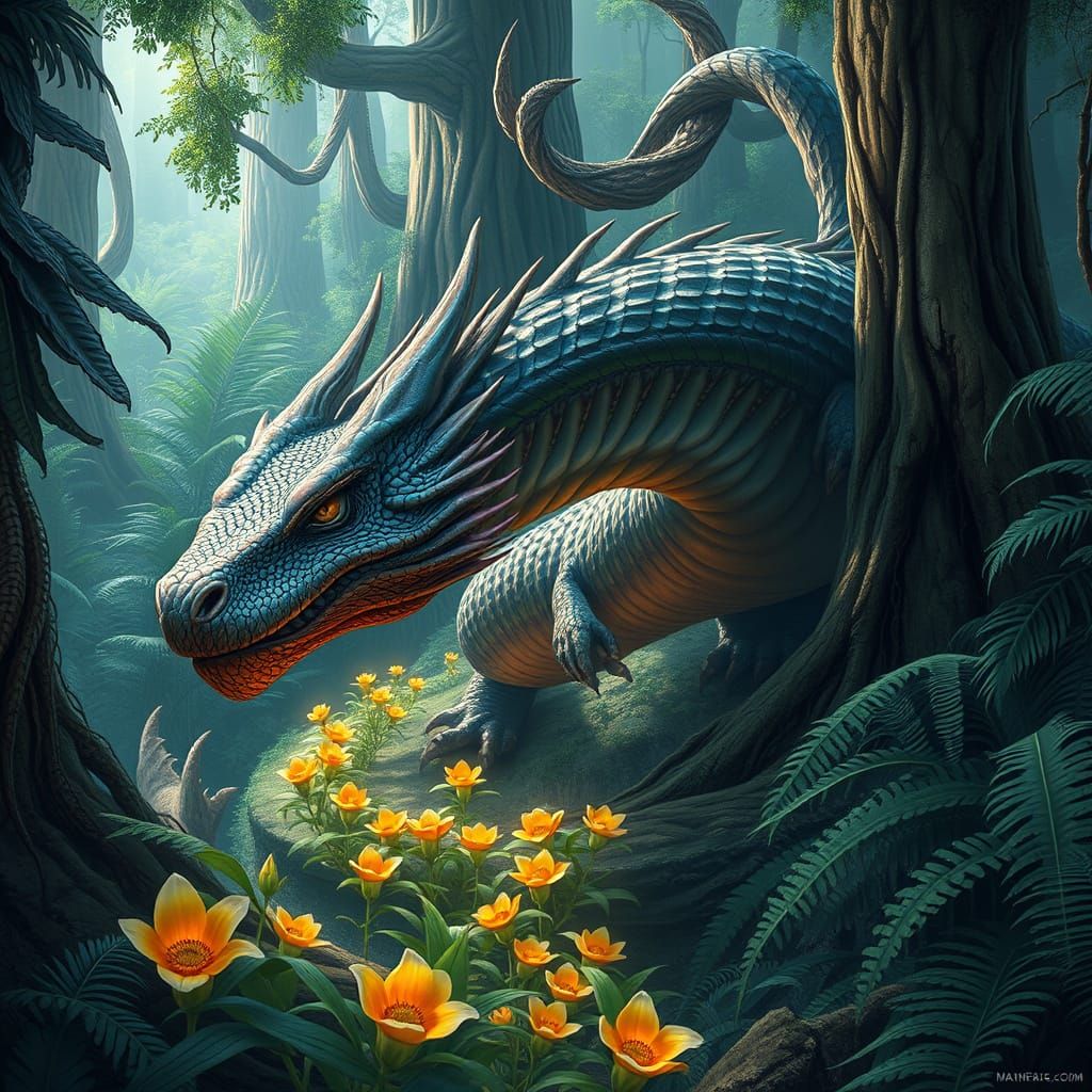 Serpentine Dragon in Jungle Leaving Trail of Flowers