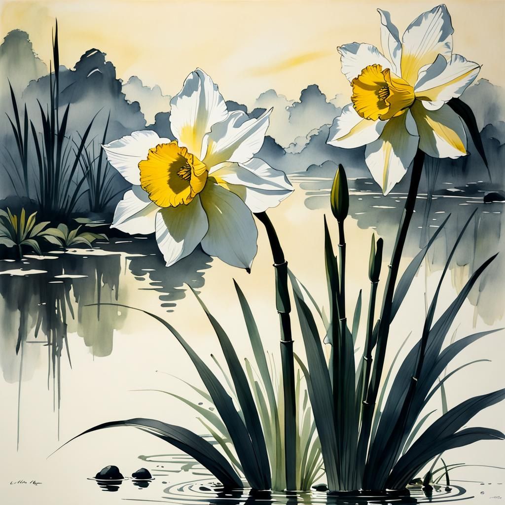 Narcissus in Muted Chinese Ink Painting Style