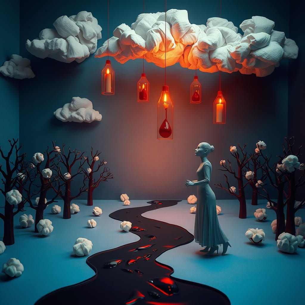 Surreal Landscape with Paper Trees in Cinematic Style