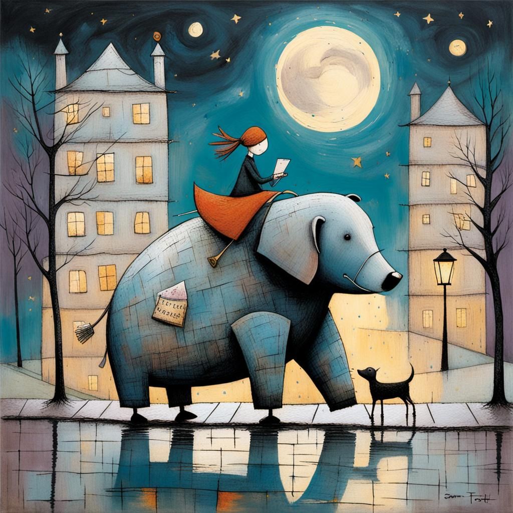 Naive Art Woman in Dreamy Scene