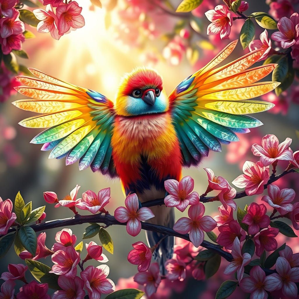 Rainbow Papegaai Bird Spreads Wings in Vibrant Floral Scene