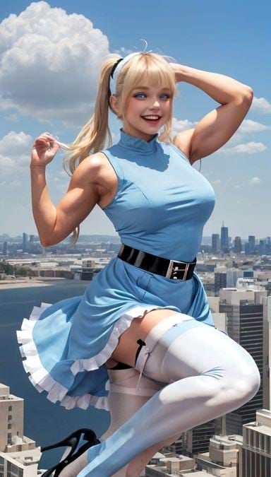 Sultry Blonde Goddess Soars Above Urban Skyline