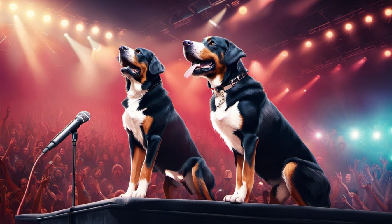 Swiss Mountain Dog Sings on Stage: Digital Art