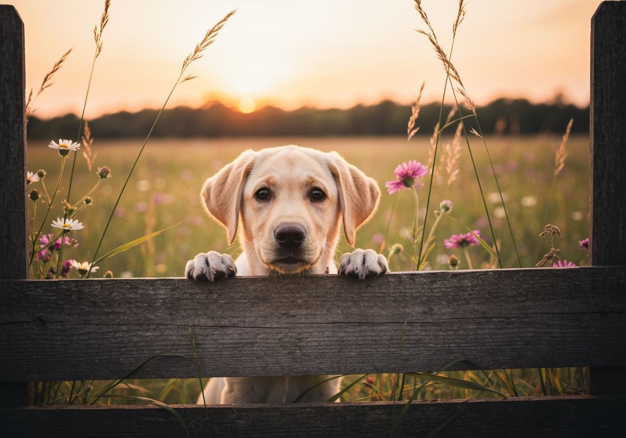 Golden Labrador Puppy Peeking Through Fence at Sunset