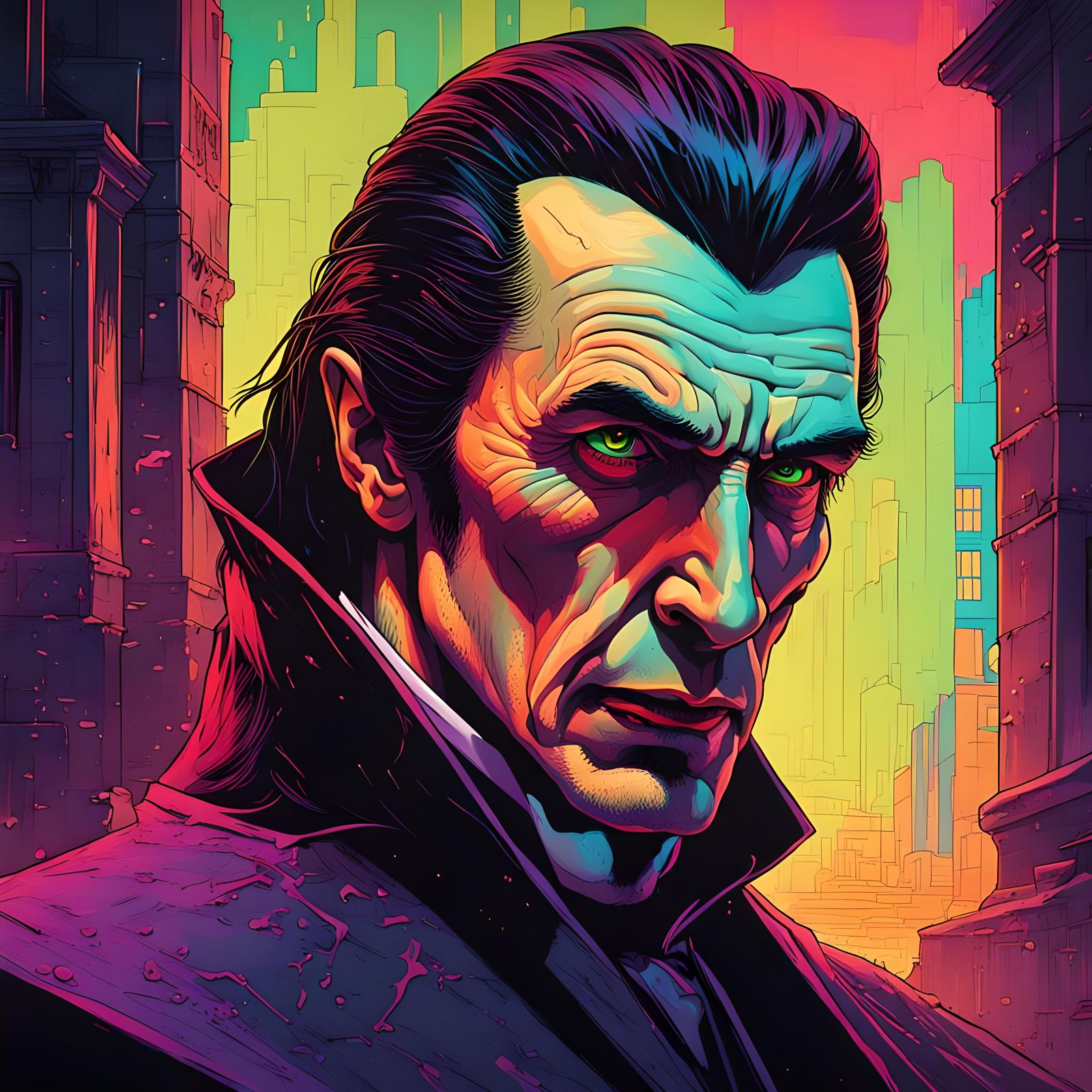 Count Dracula Portrait in Neon Post-Apocalyptic Lab