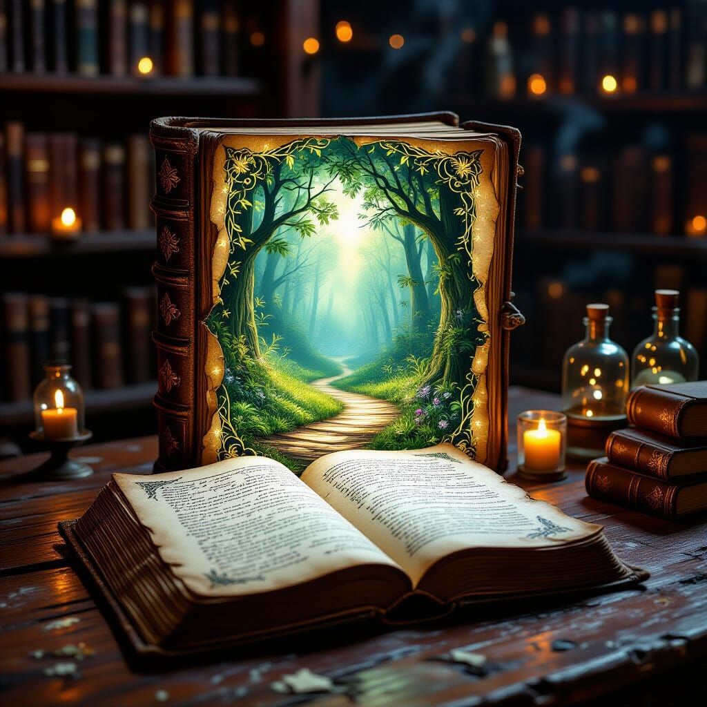 Enchanted Book Opens Forest Portal in Fantasy Illustration