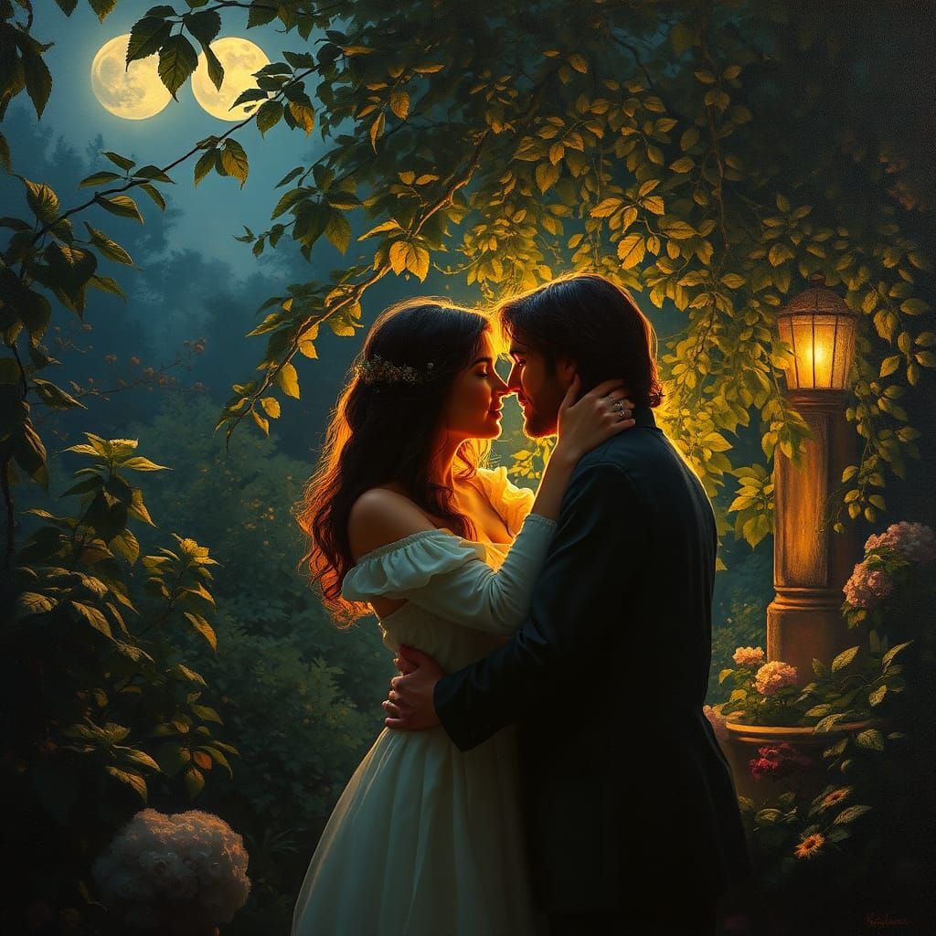 Romantic Secret Garden Rendezvous in Oil Painting Style