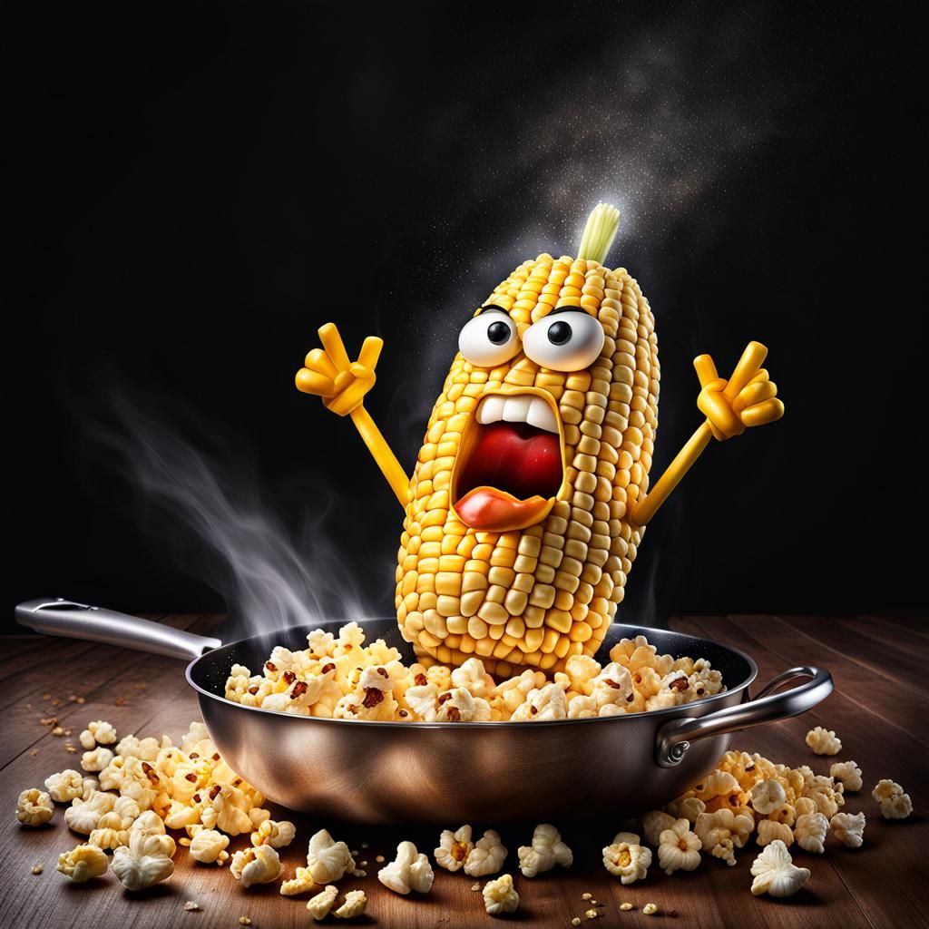 Energetic Popcorn Explosion from Anthropomorphic Corn Cob