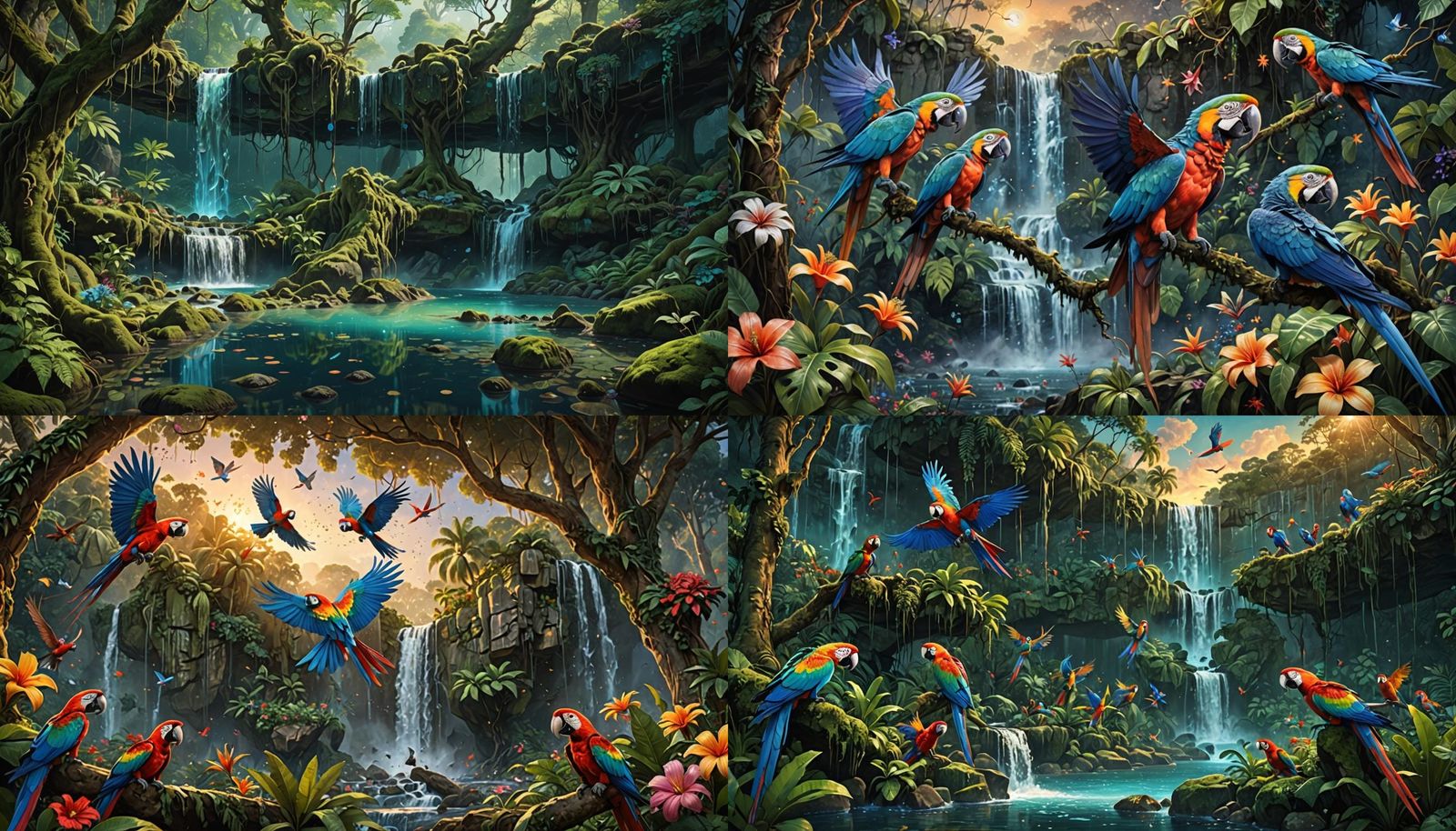 Twilight Rainforest Waterfall with Bioluminescent Plants