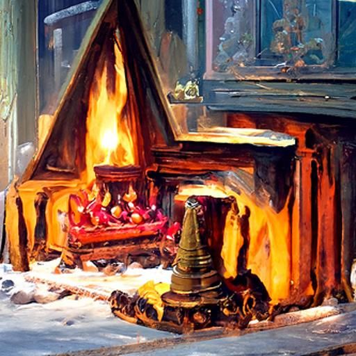 Cozy Christmas Fireplace and Tree: Oil Painting