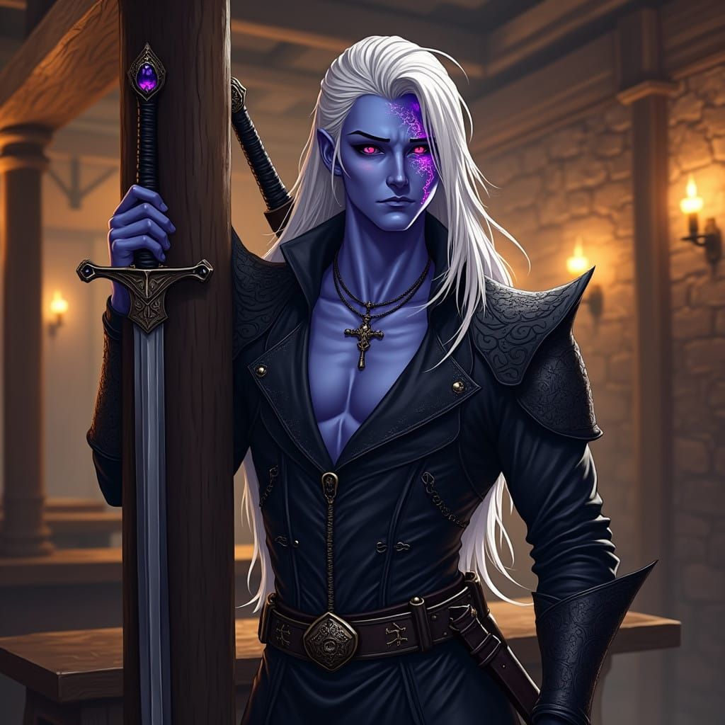 Mysterious Drow Battle Cleric in Intricate Leather Armor