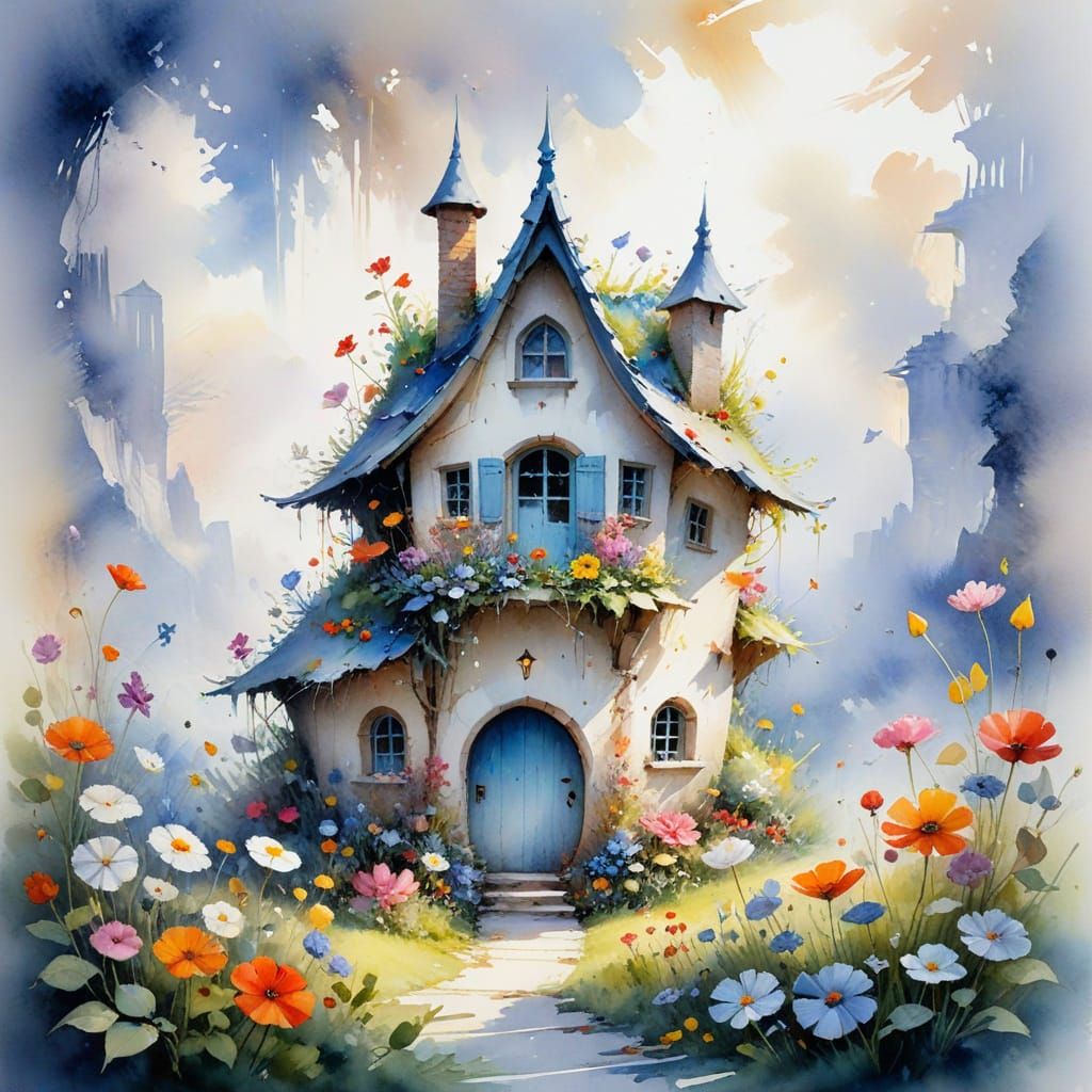 Pixie House Hidden Among Flowers in Watercolor Style