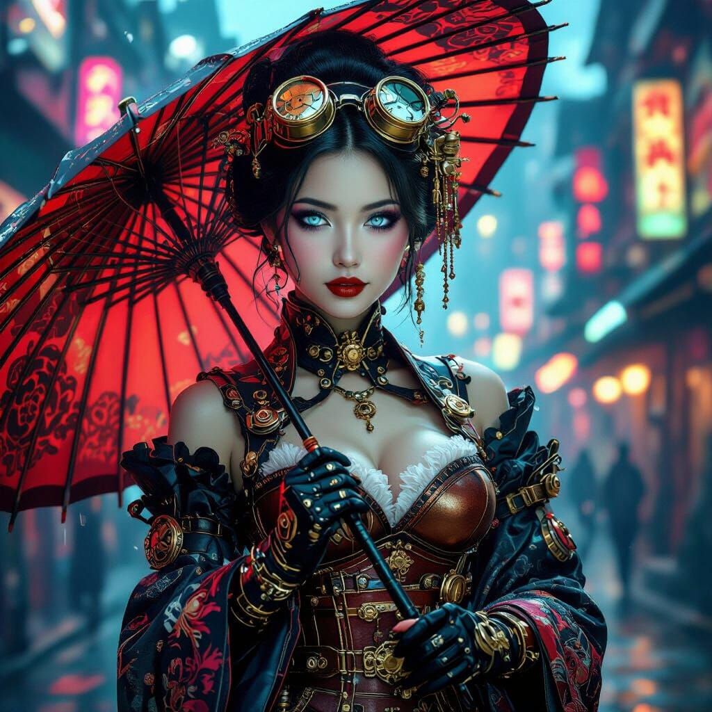 Steampunk Geisha in Cyberpunk City, Detailed Matte Painting
