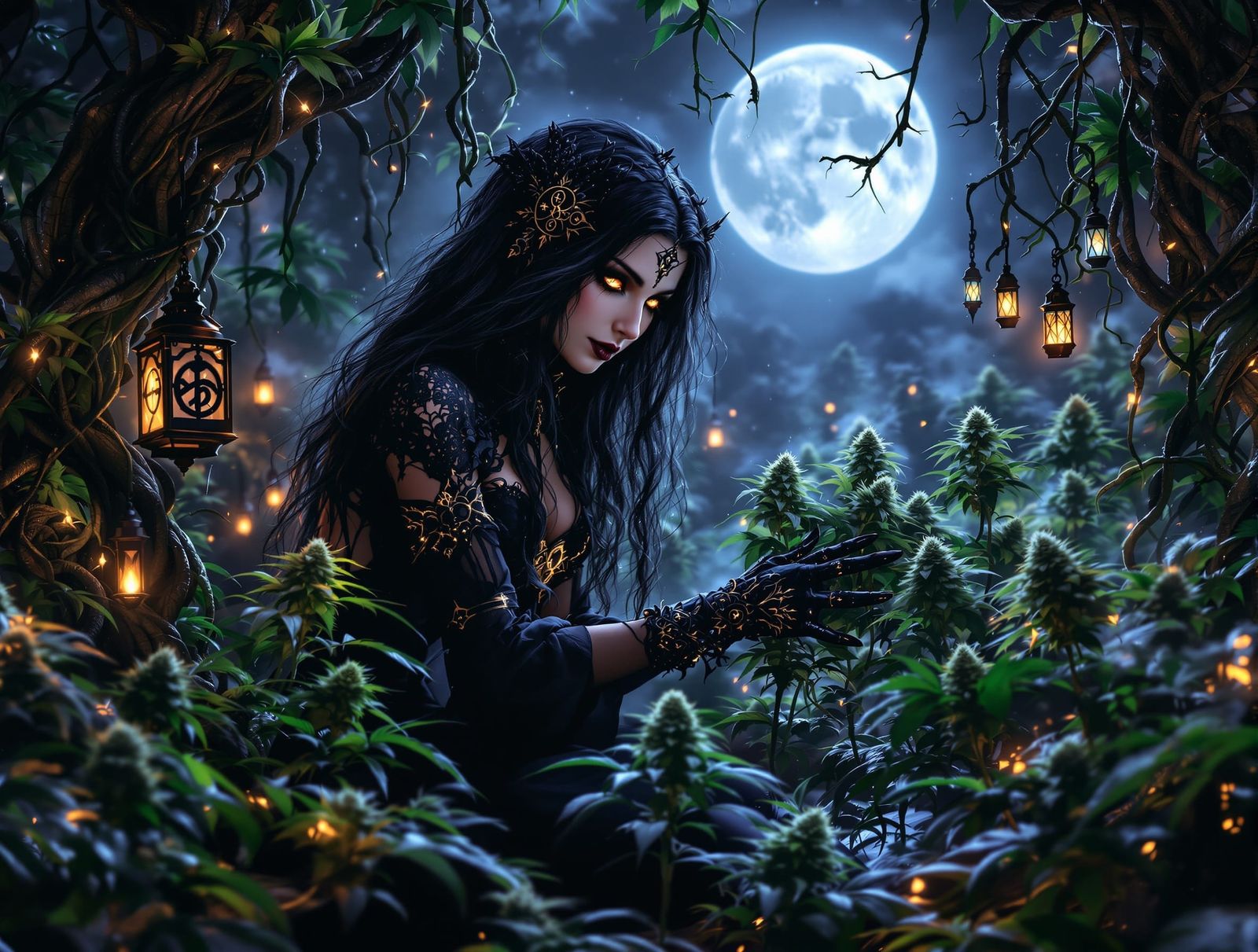 Gothic Witch Tending Moonlit Marijuana Garden