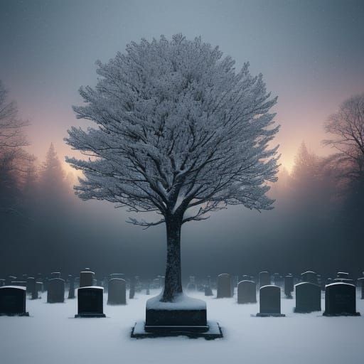 Snow-Shrouded Cemetery at Dusk: Classic Tombstones Adorned w...
