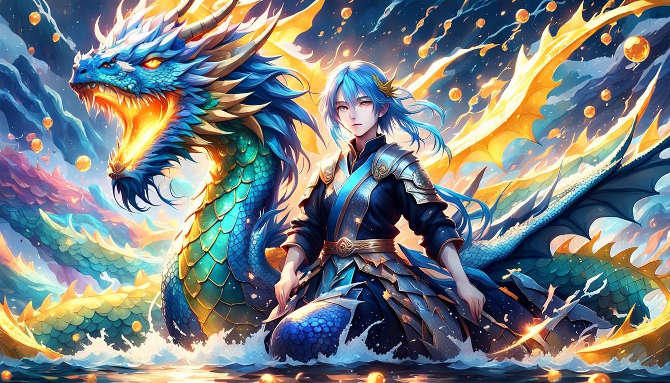 Legendary beautiful asia woman with blue hair blue eyes with a yellow shimmer and a water armor through which electricit...