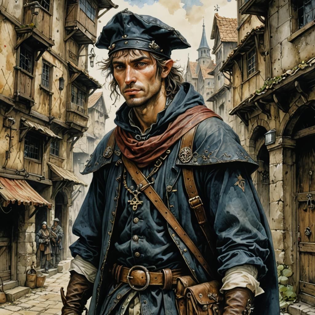 Medieval Ratcatcher in Grimdark Warhammer Art Style