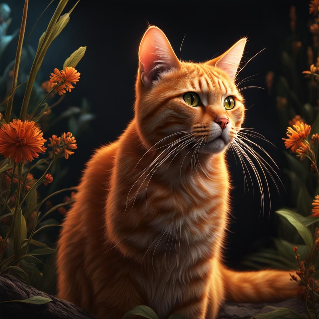 Beige and Orange Cat Licking Lip, Detailed Painting