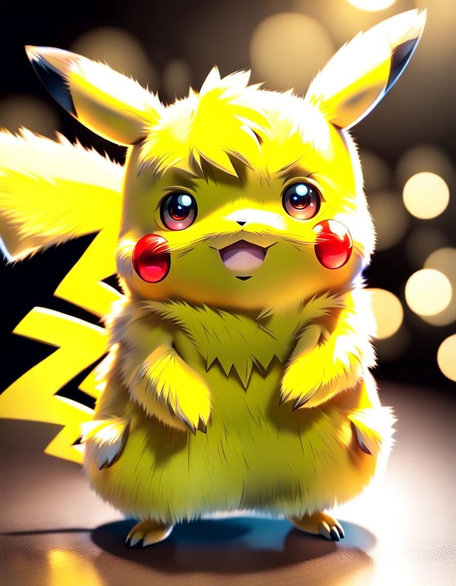 Smiling Fluffy Pikachu with Shiny Eyes and Bokeh