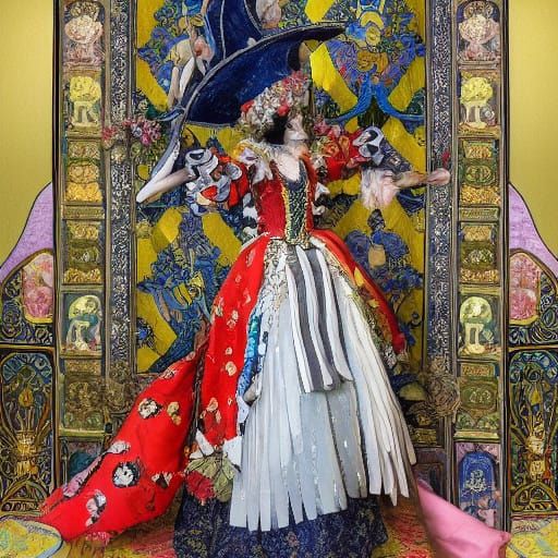 Whimsical Jester in Ornate Hall