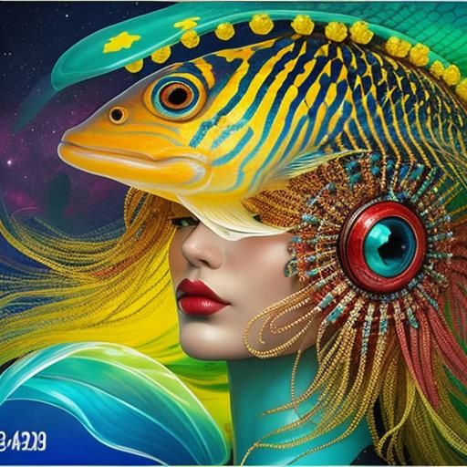 Woman with Colorful Headpiece, Detailed Digital Art