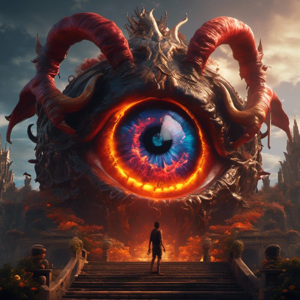 Fiery Eyeball and Demonic Silhouette, Detailed Matte Paintin...