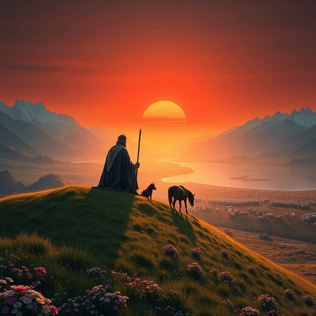 Shepherd in Sunset Glory: A Spiritual Landscape