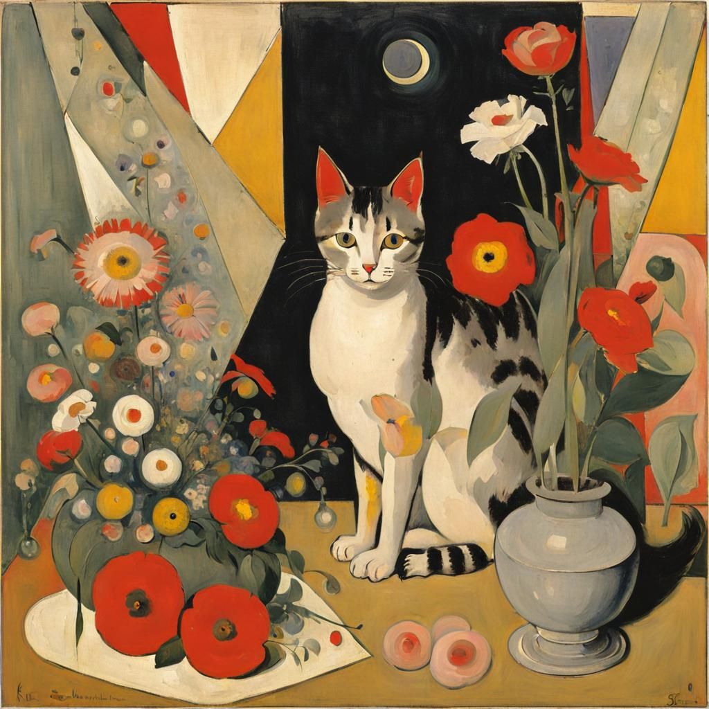 Cute Cat in Schwitters-Style Floral Arrangement