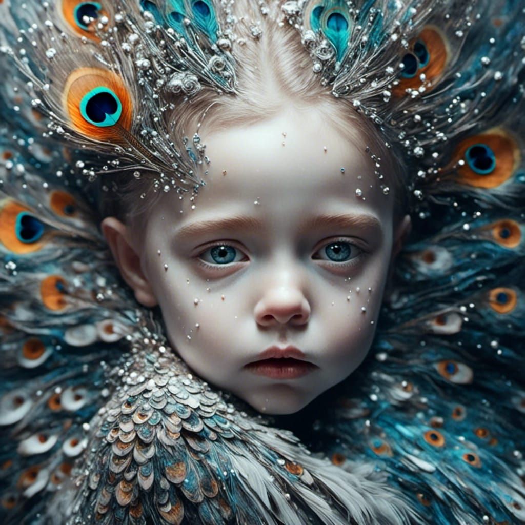 <lora:Dark fantasy realism:1.0> <lora:Liquidized:1.0> Snowy baby peacock, portrait, beautiful vibrant colors, white peac...