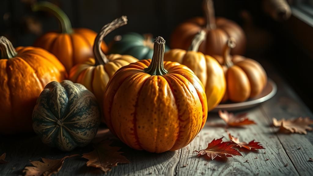 Autumn Gourds Still Life in Cinematic Style