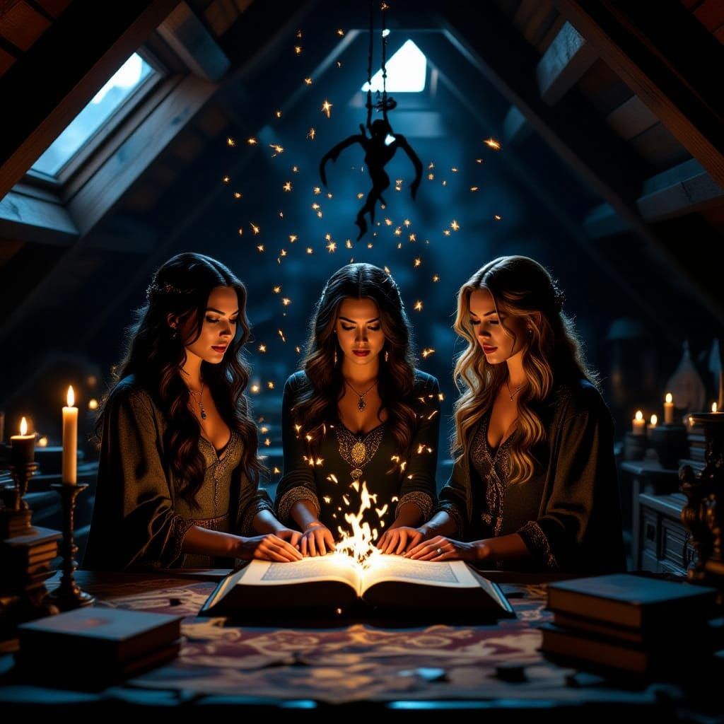 Charmed Ones Conjure Magic in Moonlit Attic