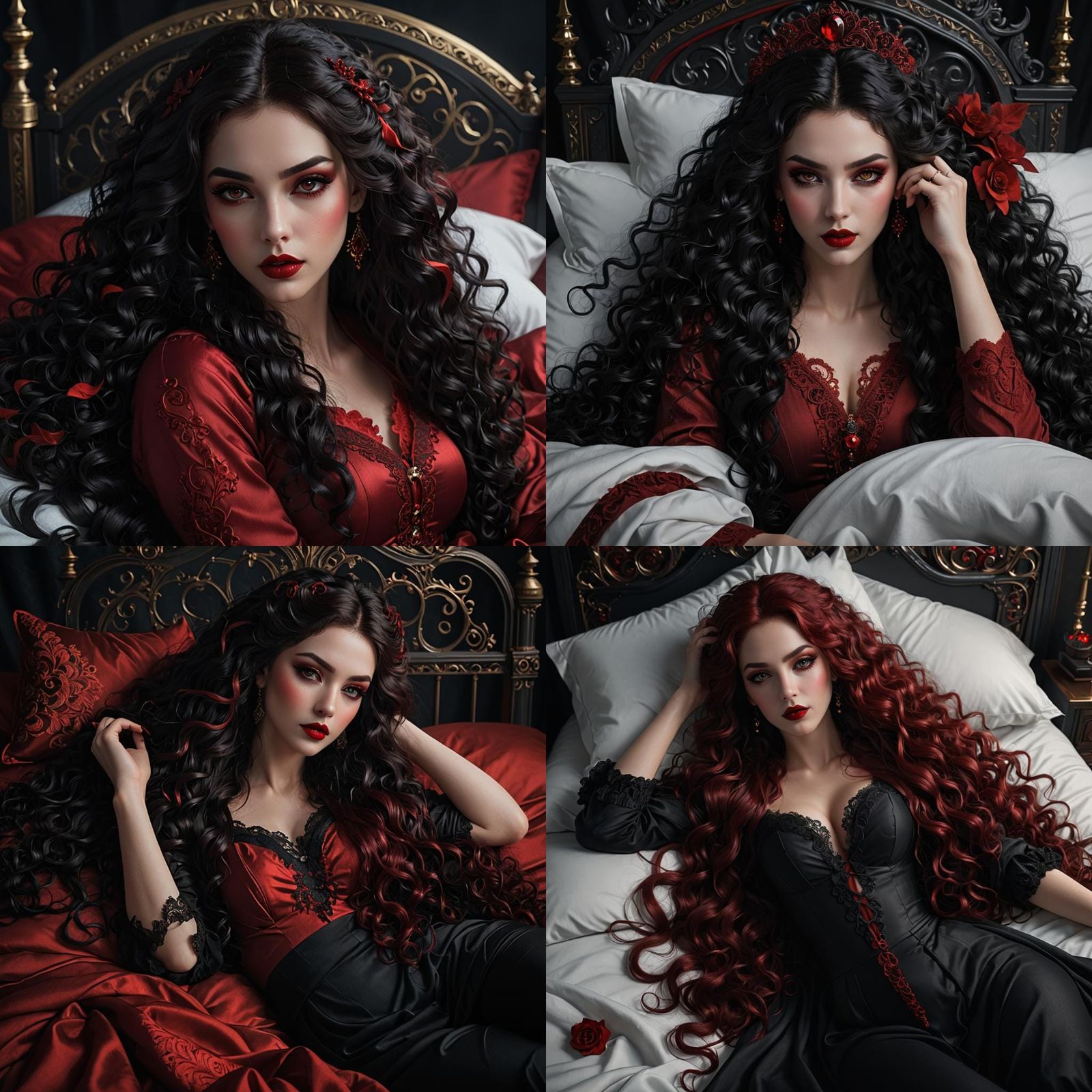 Woman with Red Eyes and Black Hair in Bed