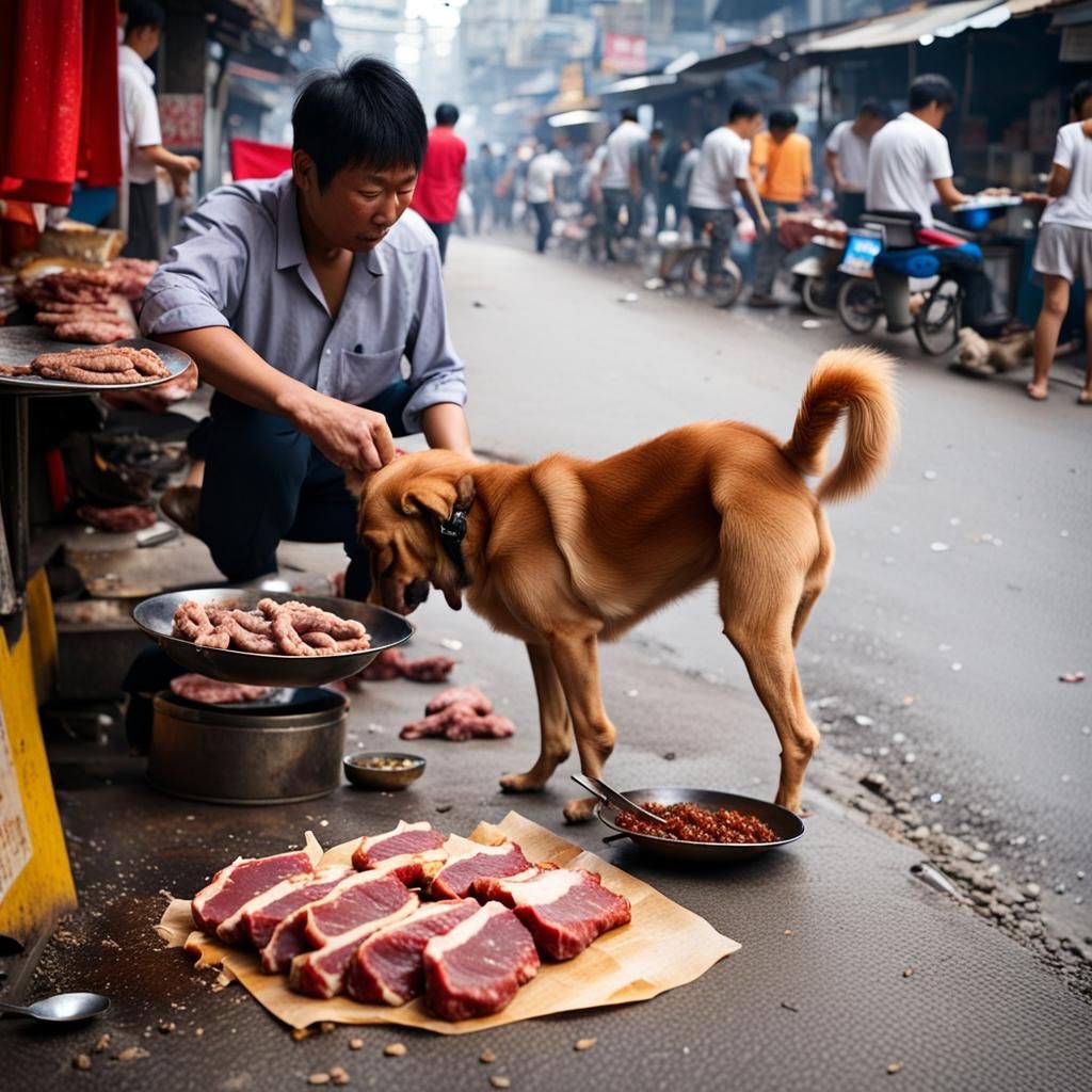 Dog Enjoys Fallen Meat at Asian Street Food Stall