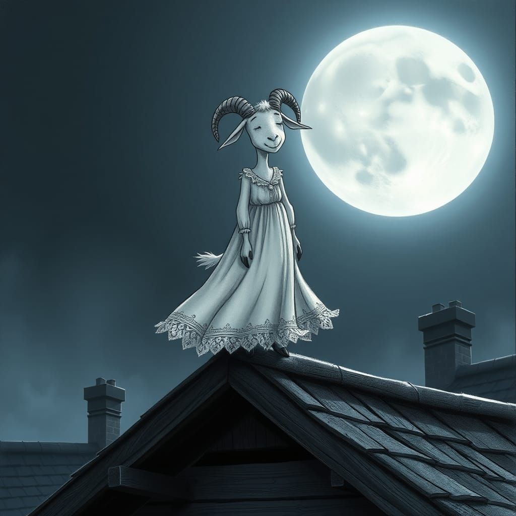 Sleepwalking Goat on Roof in Dreamlike Illustration