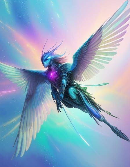 Dreamlike Person Flying with Iridescent Wings