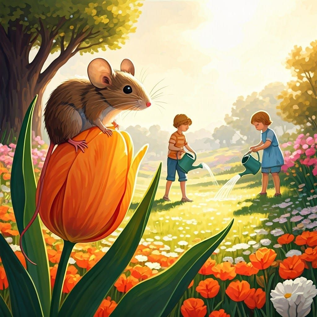 Mouse on Tulip in Gouache-Inspired Painting