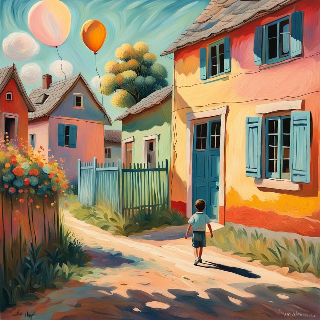 Naive Art: Child with Balloon in Sunny Village