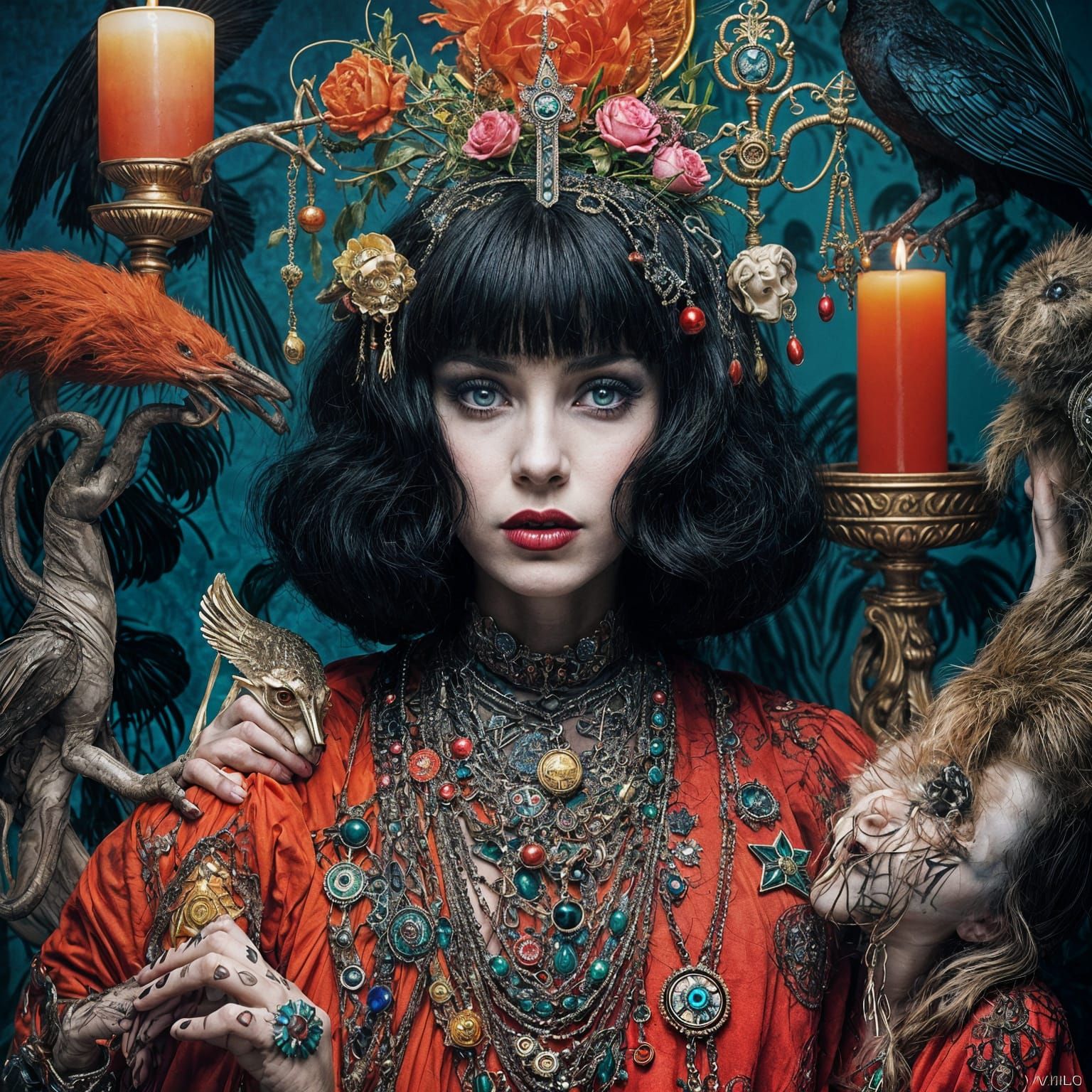 A dark-haired figure with an eerie presence, adorned with sy...