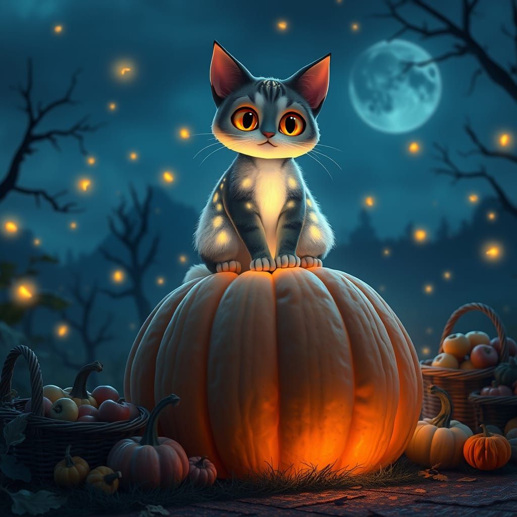 Bioluminescent Cat Sits Atop Glowing Pumpkin
