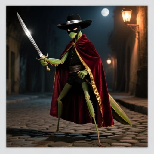Mantis Zorro on Cobblestone Street at Night