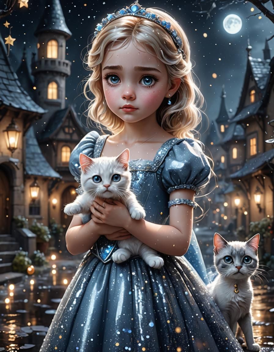 Little Cinderella with beautiful eyes with a cat