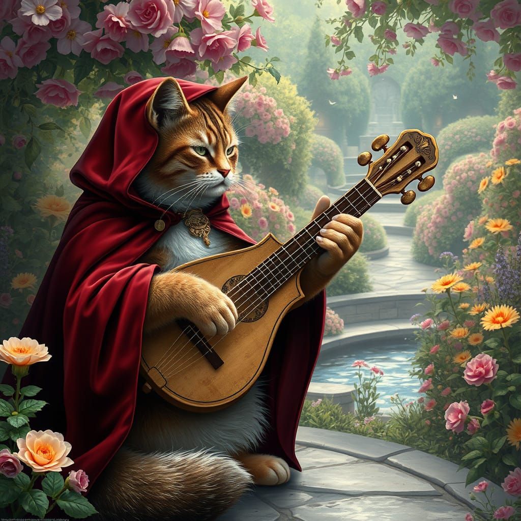 Cat playing a lute in a large ornamental garden