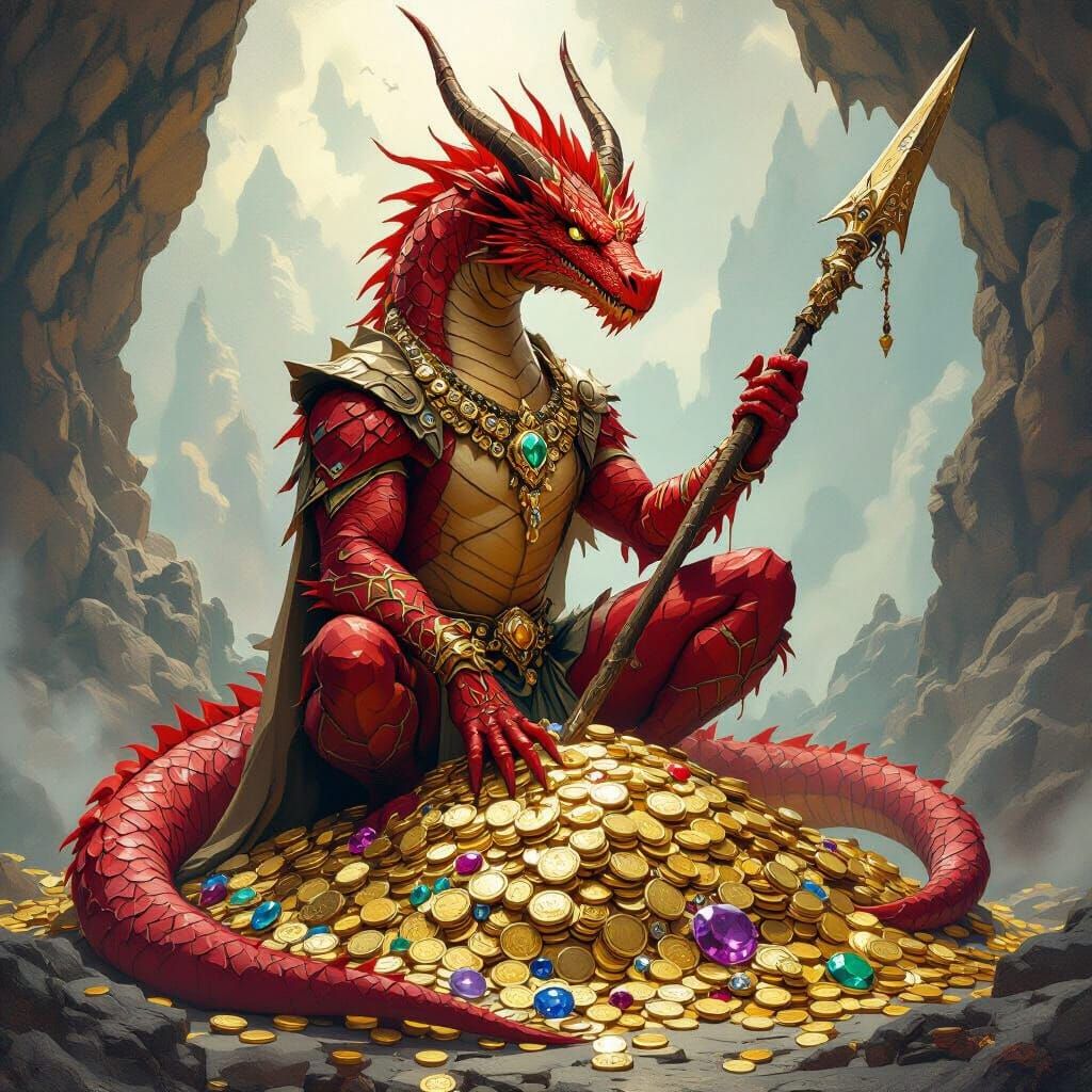 Red Dragon Hoarding Gold Treasure, Fantasy Art