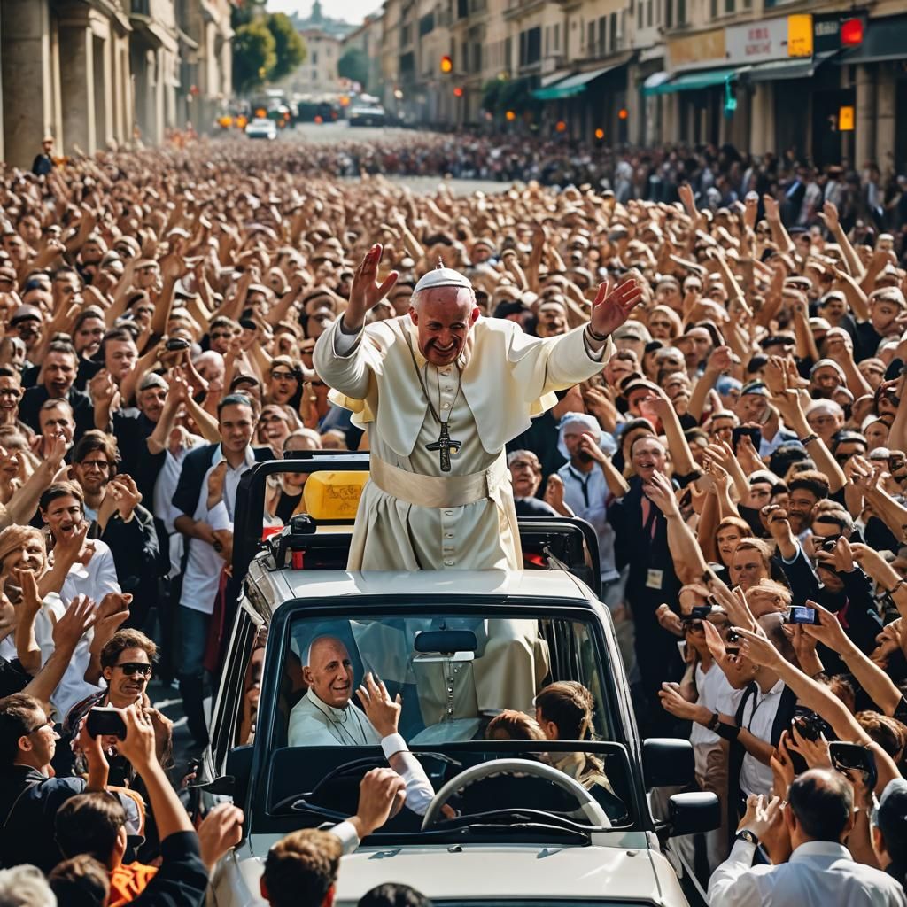 Pope Waving in Crowded Street: Vibrant Street Photography