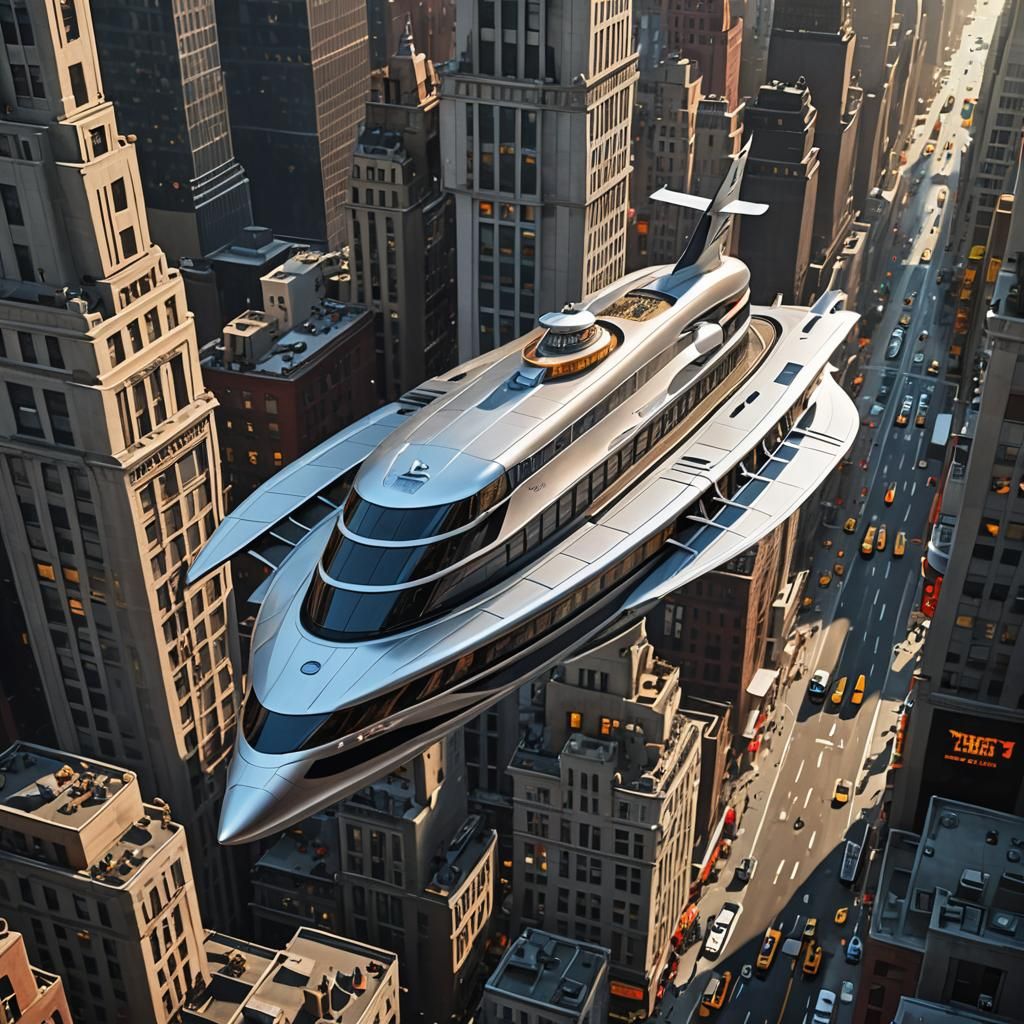 a futuristic art deco cruise ship flying above a busy New York, fitted with vertical take-off propellors, close-up, hype...
