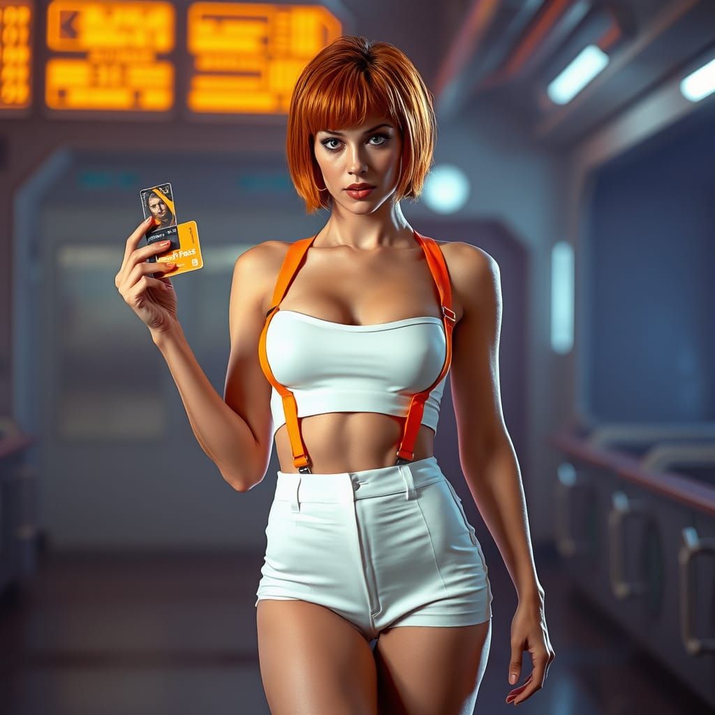 Full Body 3d realistic Photo Milla Jovovich as 5th Element Leeloo dressed in white bustier and orange 
Suspenders and wh...
